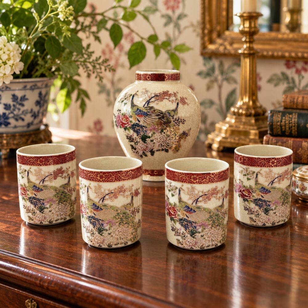 Vintage Satsuma Peacock Vase & 4 Cups Grandmillennial Japan